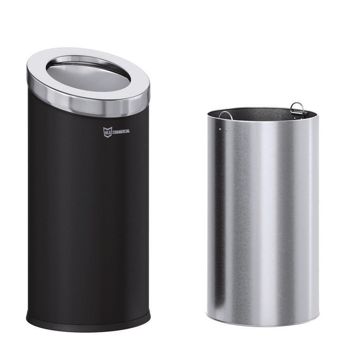 Beveled Open Top Trash Can, 15 gal, Stainless Steel, Black