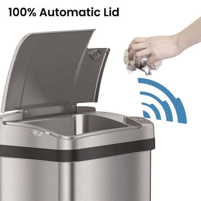 Rectangular Sensor Trash Can, 4 gal, Plastic/Stainless Steel, Silver
