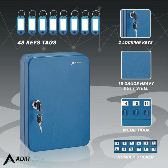 Steel Secure Key Cabinet with Key Lock, 48-Key, 7.1 x 3.1 x 10, Stainless Steel 304, Blue