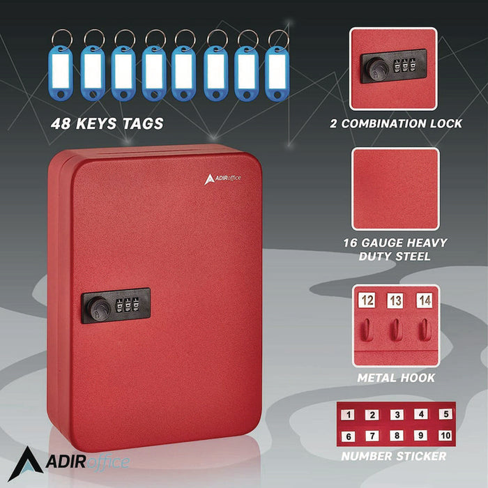 Steel Heavy-Duty Key Cabinet with Combination Lock, 48-Key, 7.1 x 3 x 10, Stainless Steel 304, Red