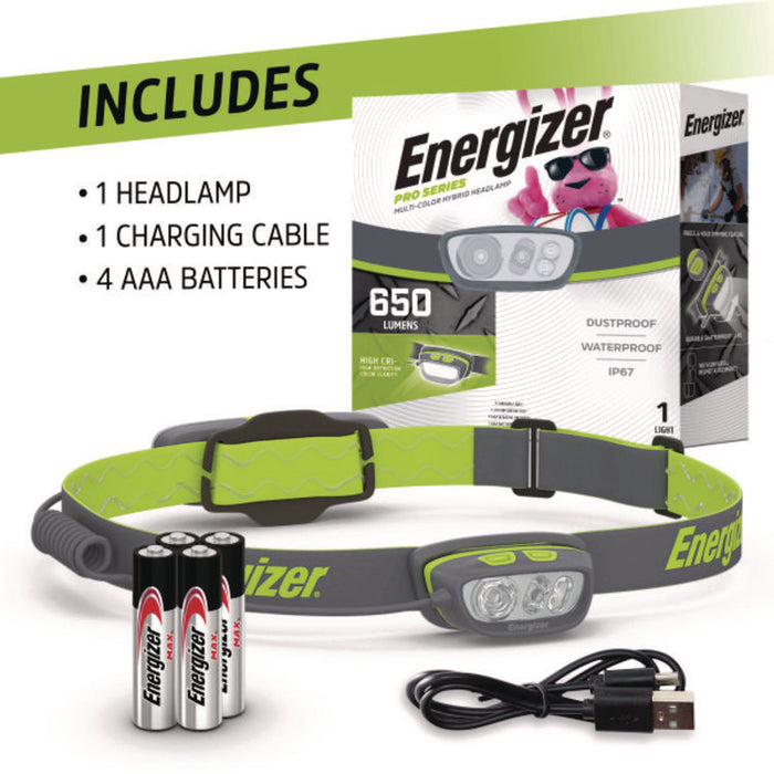 Pro Series Multi-Color Hybrid Headlamp, Rechargeable Lithium Ion Battery/4 AAA Batteries (Included), Gray/Green