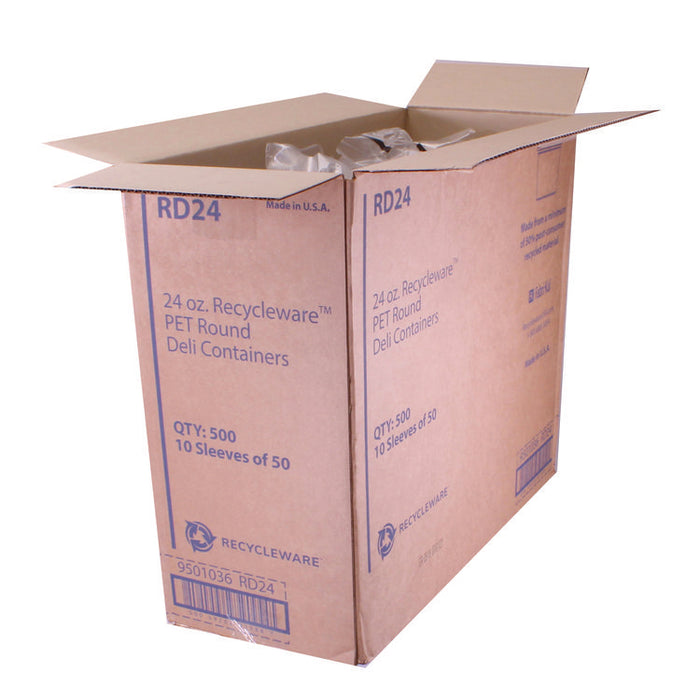 Recycleware Round Deli Container, 24 oz, 4.6" Diameter x 3.6" h, Clear, Plastic, 500/Carton
