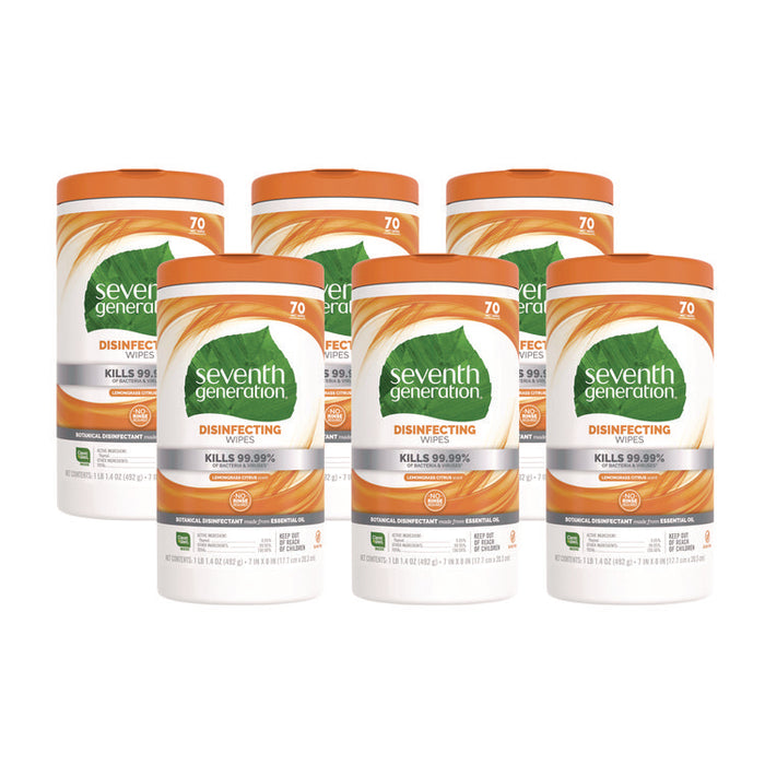 Botanical Disinfecting Wipes, 7 x 8, Lemongrass Citrus, 70 Count, 6/Carton