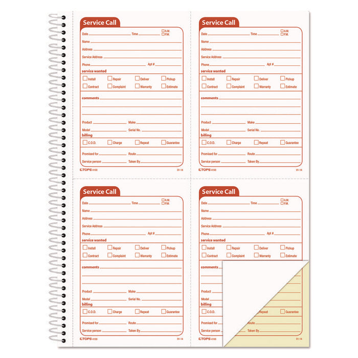 Service Call Book, Two-Part Carbonless, 5.5 x 3.88, 4 Forms/Sheet, 200 Forms Total