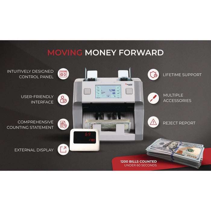 9900R Two-Pocket Mixed Bill Counter, Three Speeds: 800 bills/min, 1,000 bills/min, 1,200 bills/min, 9.5 x 11 x 10.4, Gray