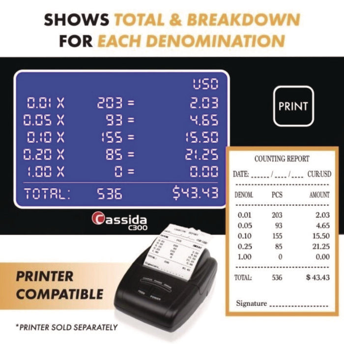 C300 Series Coin Sorter/Counter for Pennies, Nickels, Dimes, Quarters and Dollars, 300 coins/min, 11" x 11" x 10", Gray