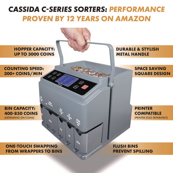 C300 Series Coin Sorter/Counter for Pennies, Nickels, Dimes, Quarters and Dollars, 300 coins/min, 11" x 11" x 10", Gray