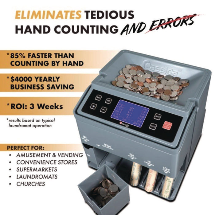 C300 Series Coin Sorter/Counter for Pennies, Nickels, Dimes, Quarters and Dollars, 300 coins/min, 11" x 11" x 10", Gray