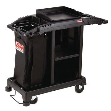 Compact Standard Housekeeping Cart, Plastic, 1 Shelf, 23.25" x 53.18" x 46.57", Black
