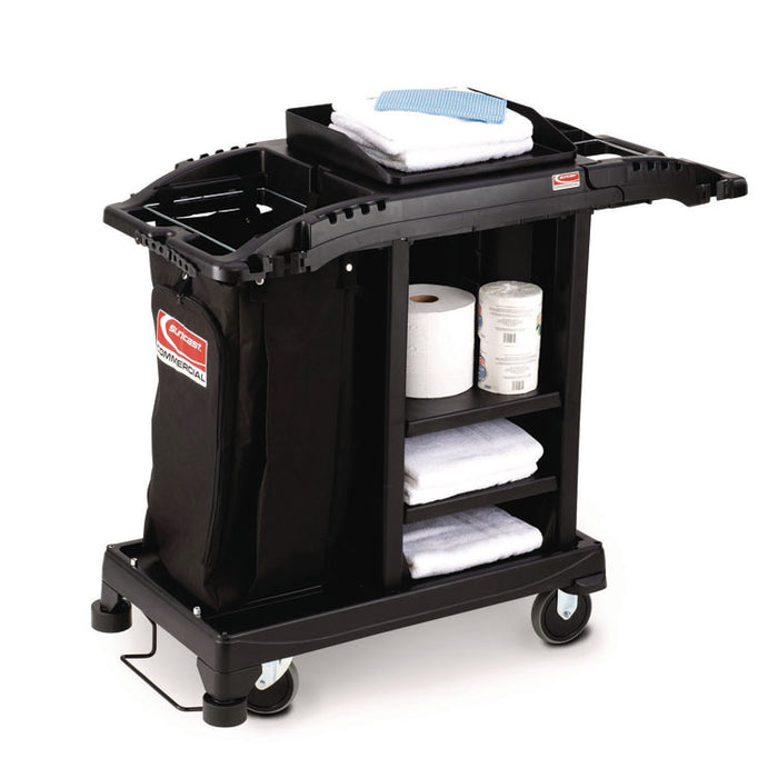 Compact Standard Housekeeping Cart, Plastic, 1 Shelf, 23.25" x 53.18" x 46.57", Black