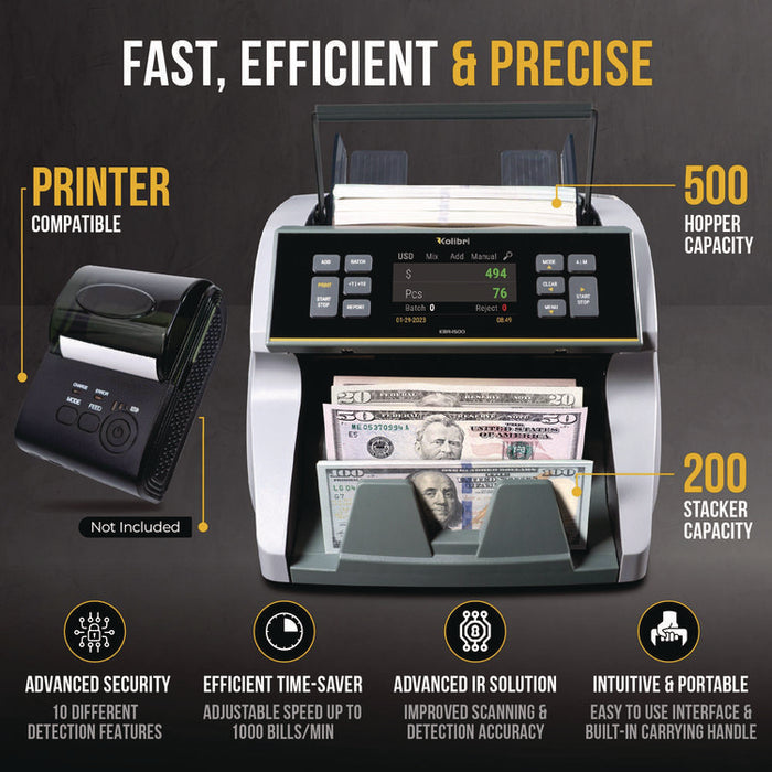 KBR1500V2 Mixed Denomination Cash Counter, 1,200 bills/min, 9.5" x 11" x 10.4", Gray