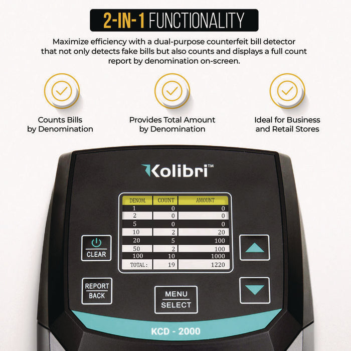 KCD-2000 Counterfeit Detector for USD, 10 Detection Methods, 5" x 6" x 5", Black/Gray