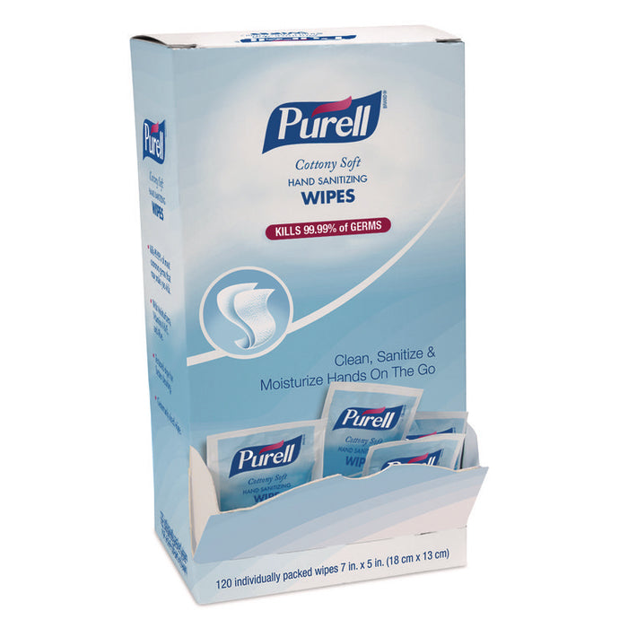 Cottony Soft Individually Wrapped Sanitizing Hand Wipes, 5 x 7, Unscented, White, 120/Box