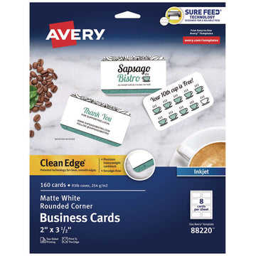 Print-to-the-Edge Business Cards with Rounded Corners, Inkjet, 2 x 3.5, White, 8 Cards/Sheet, 20 Sheets/Pack