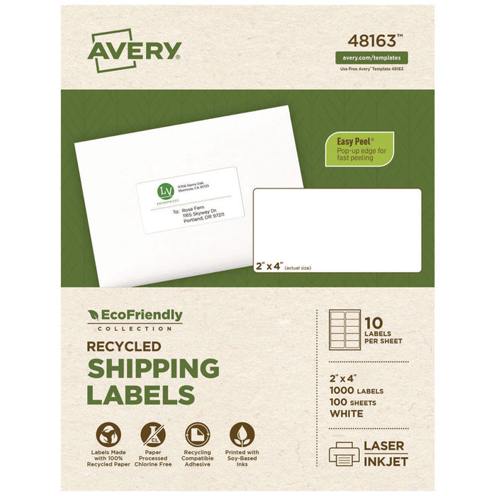 EcoFriendly Mailing Labels, Inkjet/Laser Printers, 2 x 4, White, 10/Sheet, 100 Sheets/Pack