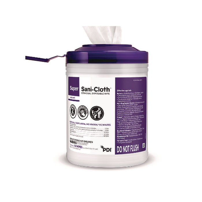 Super Sani-Cloth Germicidal Disposable Wipes, 1-Ply, 6 x 6.75, Unscented, White, 160/Canister, 12 Canisters/Carton