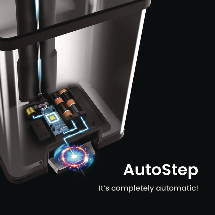Step Pedal-Sensor Trash Can, 13 gal, Plastic/Stainless Steel, Silver/Red