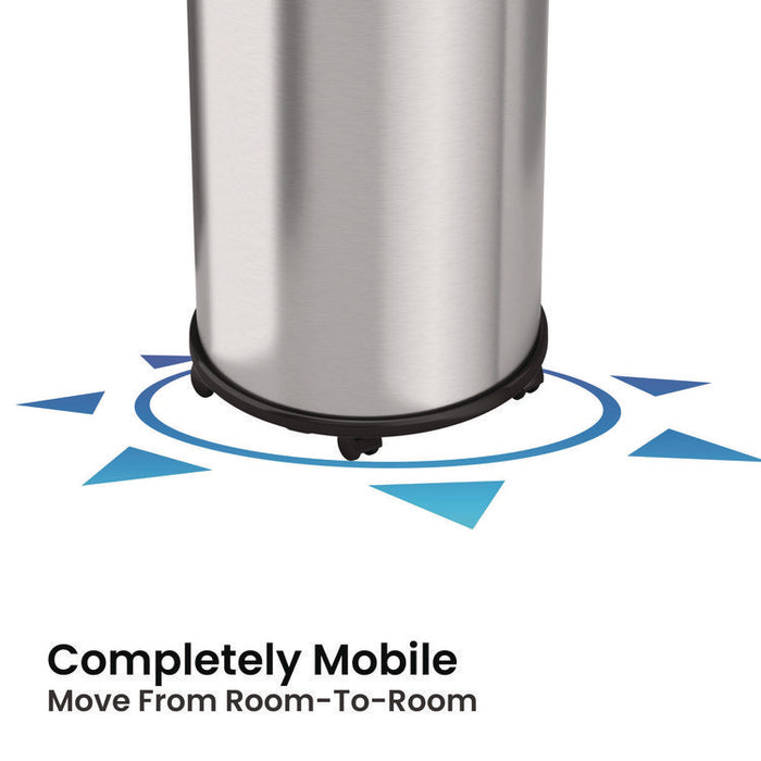 Open Top Trash Can with Wheels, Round, 16 gal, Plastic/Stainless Steel, Silver