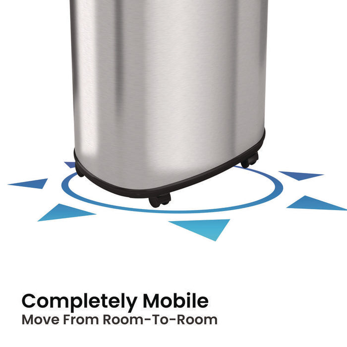 Open Top Trash Can with Wheels, Oval, 16 gal, Plastic/Stainless Steel, Silver