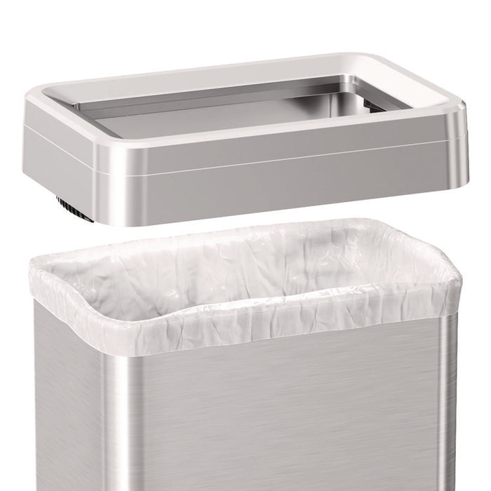 Open Top Trash Can with Wheels, Rectangular, 16 gal, Plastic/Stainless Steel, Silver