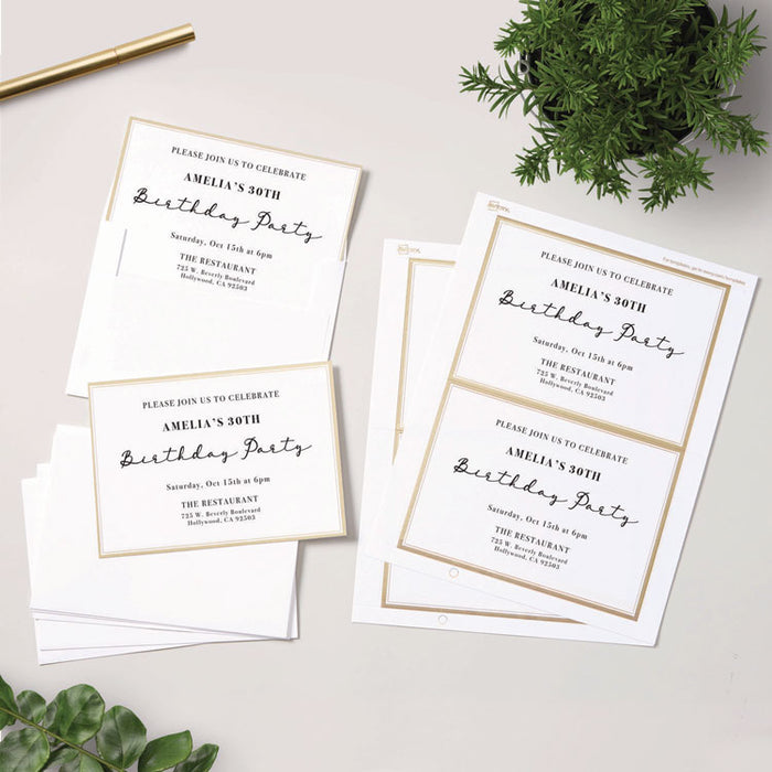 Invitation Cards with Metallic Border, Inkjet/Laser, 80 lb, 5 x 7, Matte White, 2 Cards/Sheet, 15 Sheets/Pack