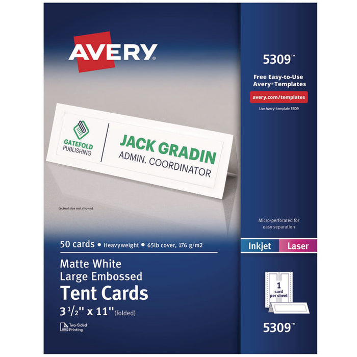Large Embossed Tent Card, White, 11, x 3.5, 1 Card/Sheet, 50 Sheets/Box