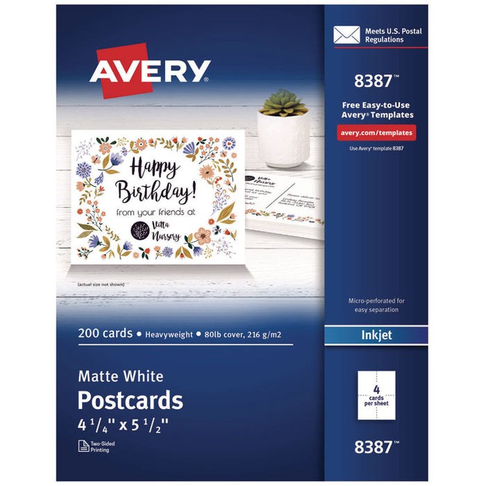 Printable Postcards, Inkjet, 80 lb, 4.25 x 5.5, Matte White, 200 Cards, 4 Cards/Sheet, 50 Sheets/Box