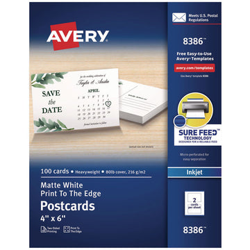 Printable Postcards, Inkjet, 80 lb, 4 x 6, Matte White, 100 Cards, 2 Cards/Sheet, 50 Sheets/Box