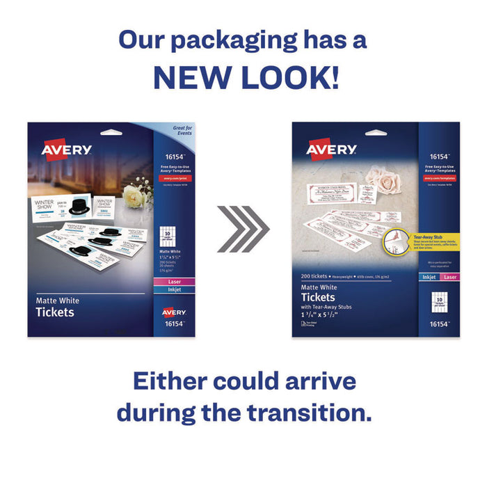 Printable Tickets w/Tear-Away Stubs, 97 Bright, 65 lb Cover Weight, 8.5 x 11, White, 10 Tickets/Sheet, 20 Sheets/Pack