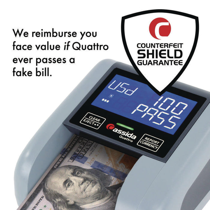 Quattro Counterfeit Detector for USD, 4 Detection Methods, 4.9" x 4.9" x 2.9", Gray