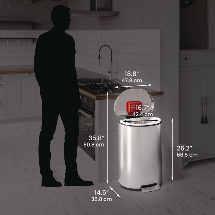 Fire-Resistant Step Pedal Trash Can, 13 gal, Plastic/Stainless Steel, Silver