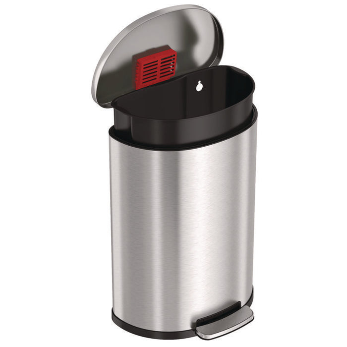 Step Pedal Trash Can, 13 gal, Half-Round Plastic/Stainless Steel, Silver