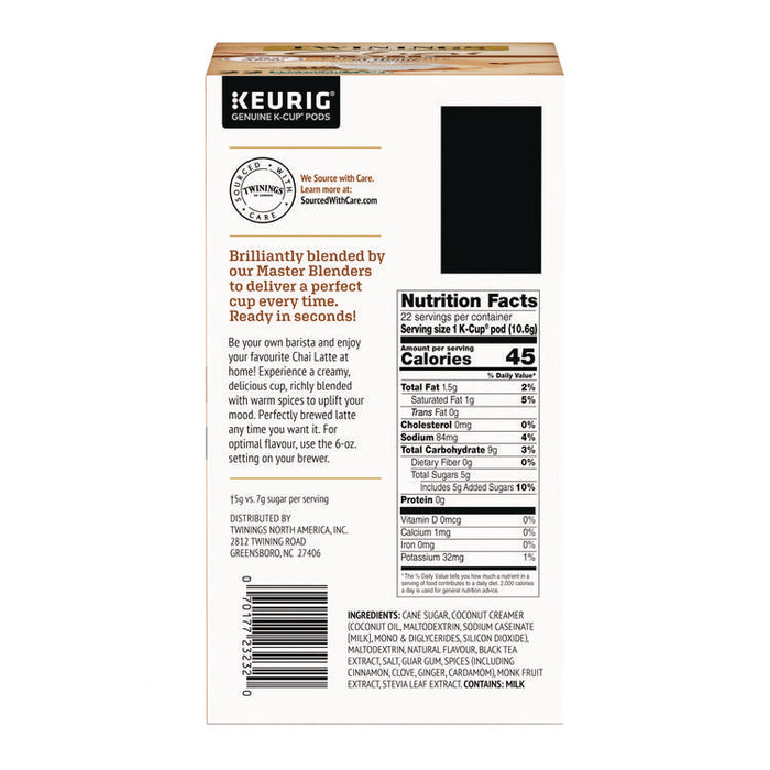 Tea K-Cups, Chai Tea with Non-Fat Milk and Sweetener, 25% Less Sugar, 0.53 oz K-Cups, 22/Box