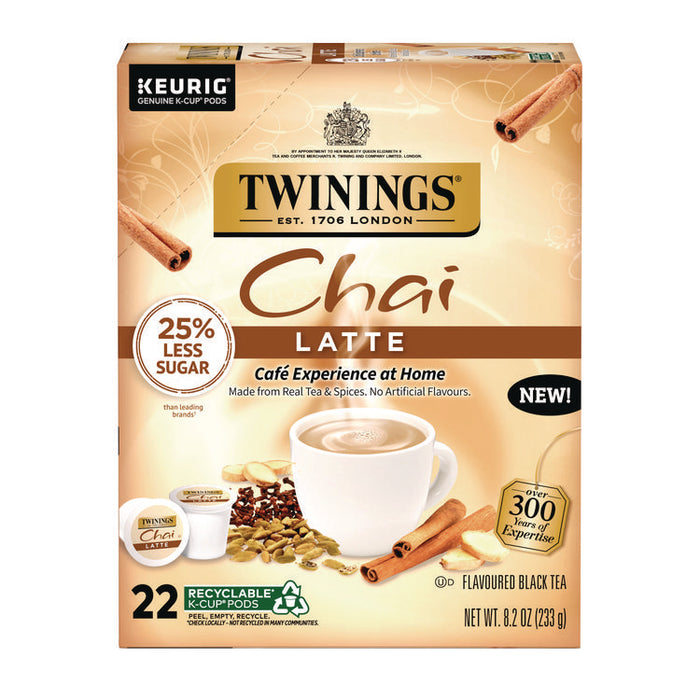 Tea K-Cups, Chai Tea with Non-Fat Milk and Sweetener, 25% Less Sugar, 0.53 oz K-Cups, 22/Box