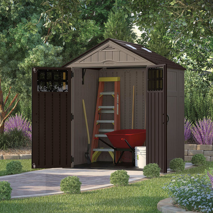 Everett Storage Shed, 201 cu ft, 6 ft 2.75" x 5 ft 5.25" x 7 ft 8.75", Dark Taupe/Black/Slate