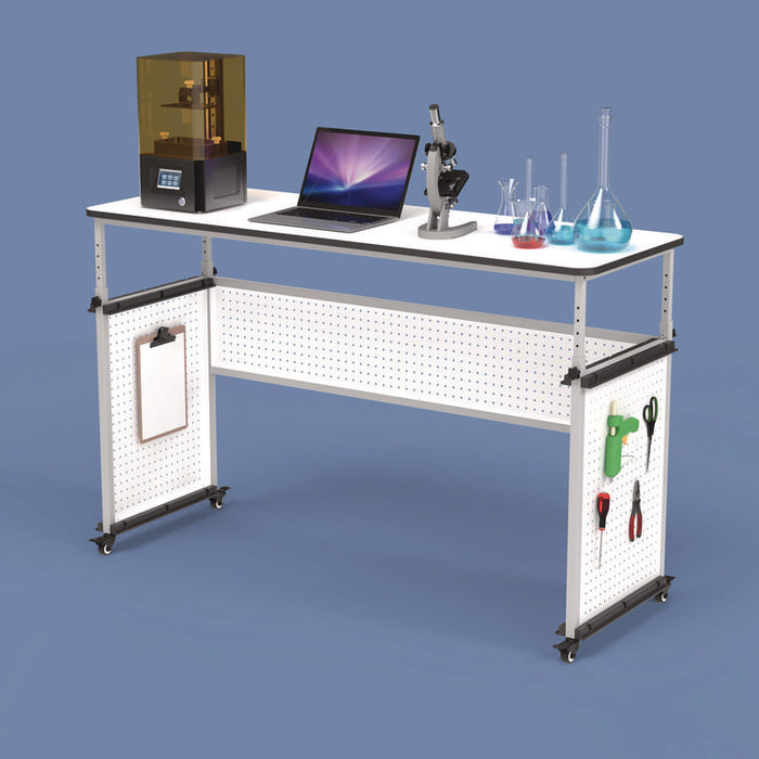 Height-Adjustable Trapezoid Student Desk with Drawer, 60.25 x 21 x 32 to 38, White