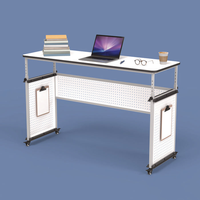 Height-Adjustable Trapezoid Student Desk with Drawer, 60.25 x 21 x 32 to 38, White