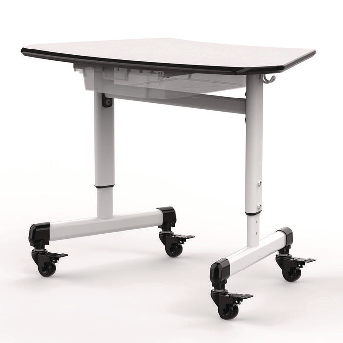 Height-Adjustable Trapezoid Student Desk with Drawer, 60.25 x 21 x 32 to 38, White