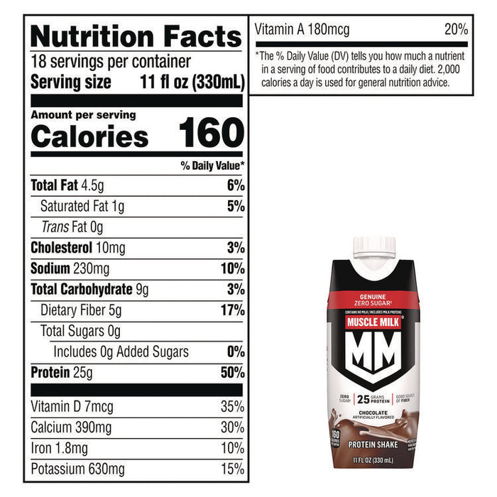 Genuine Chocolate Protein Shake, 11 oz Carton, 18/Carton