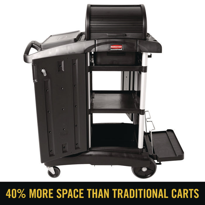 Executive High Security Janitorial Cleaning Cart, Plastic, 4 Shelves, 1 Bin, 23.1" x 39.6" x 27.5", Black