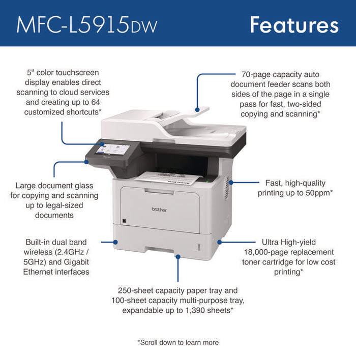 MFC-L5915DW Business Monochrome AIO Laser Printer, Copy/Fax/Print/Scan