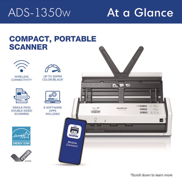ADS-1350W Compact Desktop Scanner, 600 dpi Optical Resolution, 20-Sheet Duplex Auto Document Feeder