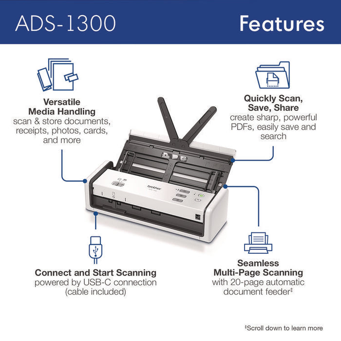 ADS-1300 Compact Desktop Scanner, 600 dpi Optical Resolution, 20-Sheet Duplex Auto Document Feeder