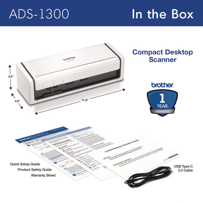 ADS-1300 Compact Desktop Scanner, 600 dpi Optical Resolution, 20-Sheet Duplex Auto Document Feeder