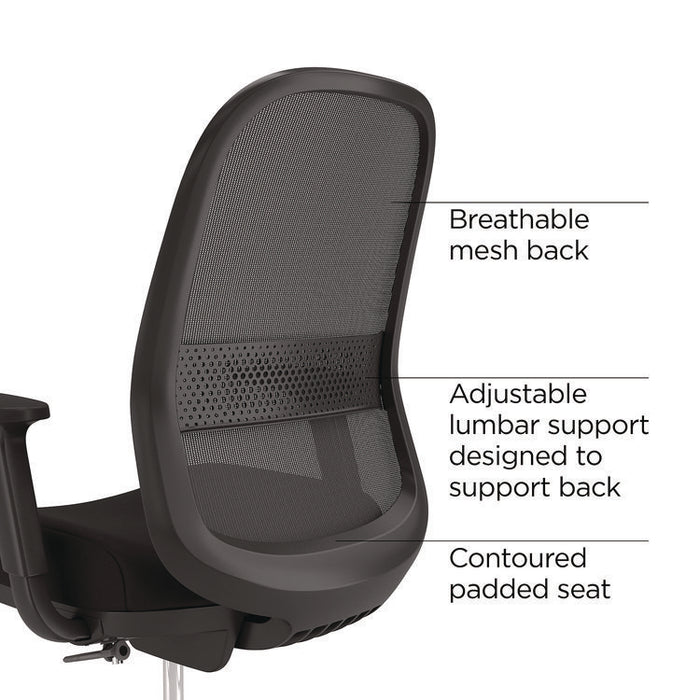 Alera Kempton Fabric Mesh Task Stool, Supports Up to 275 lb, 26.57 to 33.62 Seat Height, Black Seat, Black Back, Black Base