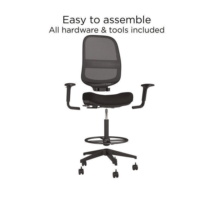 Alera Kempton Fabric Mesh Task Stool, Supports Up to 275 lb, 26.57 to 33.62 Seat Height, Black Seat, Black Back, Black Base