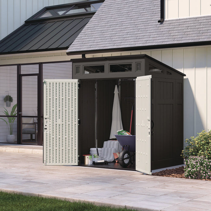 Modernist Storage Shed, 200 cu ft, 6 ft 2.5" x 5 ft 8.25" x 7 ft 5.75", Peppercorn/Black/Passive