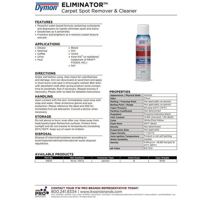 Eliminator Carpet Spot and Stain Remover, Unscented, 18 oz Aerosol Spray, 12/Carton