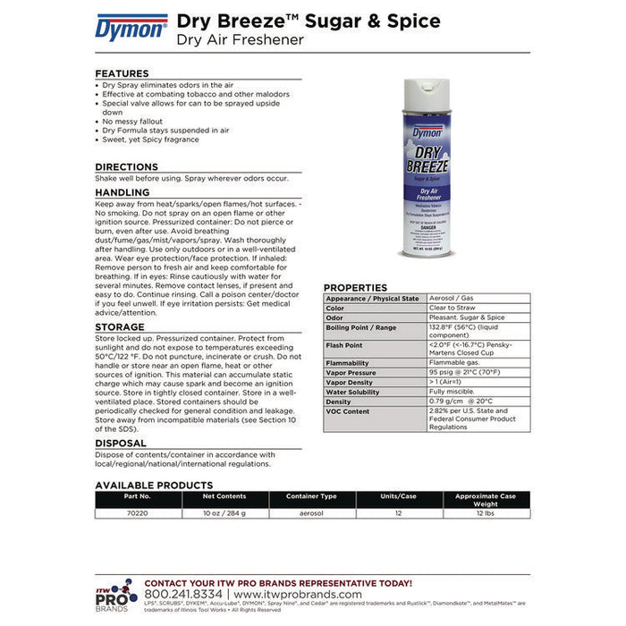Dry Breeze Aerosol Air Freshener, Sugar and Spice, 10 oz Aerosol Spray, 12/Carton