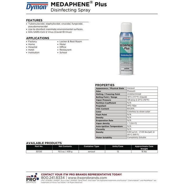 Medaphene Plus Disinfectant Spray, 15.5 oz Aerosol Spray, 12/Carton
